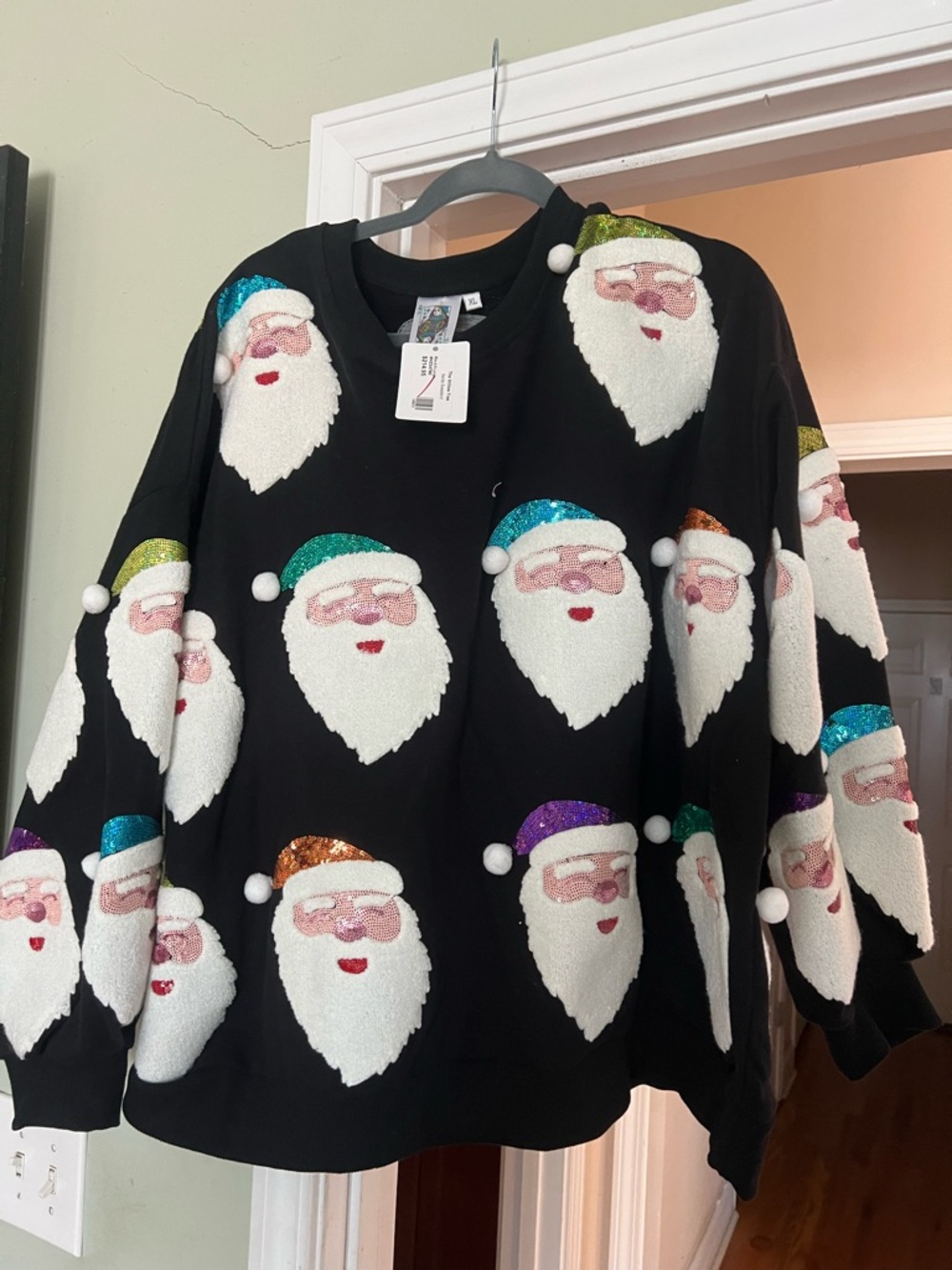 Queen of Sparkles Festive Black Santa Pom-Pom Crewneck Sweater